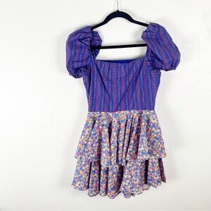 CAROLINE CONSTAS Louisa Floral Tiered Puff Sleeves Mini Dress Medium Boho Preppy